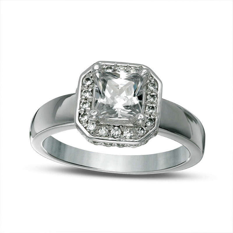 6.5mm Cushion-Cut Lab-Created White Sapphire and 0.25 CT. T.W. Diamond Octagonal Frame Engagement Ring in Solid 10K White Gold