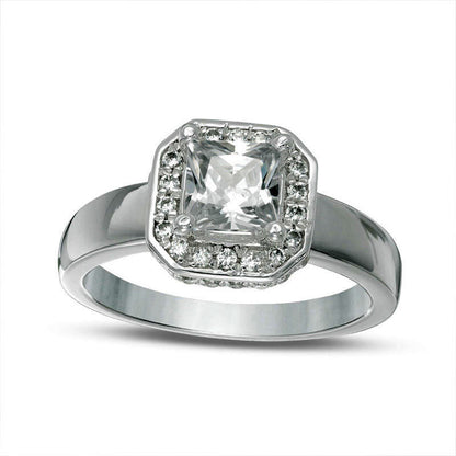 6.5mm Cushion-Cut Lab-Created White Sapphire and 0.25 CT. T.W. Diamond Octagonal Frame Engagement Ring in Solid 10K White Gold