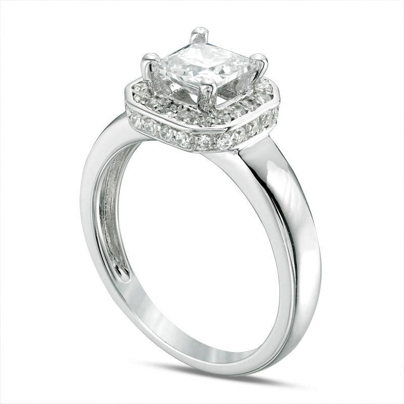 6.5mm Cushion-Cut Lab-Created White Sapphire and 0.25 CT. T.W. Diamond Octagonal Frame Engagement Ring in Solid 10K White Gold