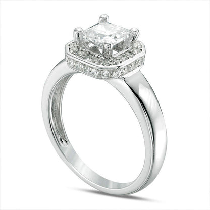 6.5mm Cushion-Cut Lab-Created White Sapphire and 0.25 CT. T.W. Diamond Octagonal Frame Engagement Ring in Solid 10K White Gold