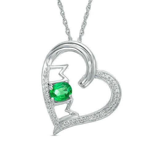 Oval Lab-Created Emerald and 0.1 CT. T.W. Diamond Tilted Heart with MOM" Pendant in Sterling Silver"