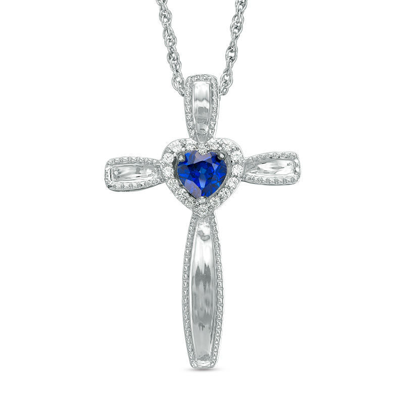 4.0mm Heart-Shaped Lab-Created Blue Sapphire and Diamond Accent Antique Vintage-Style Cross Pendant in Sterling Silver