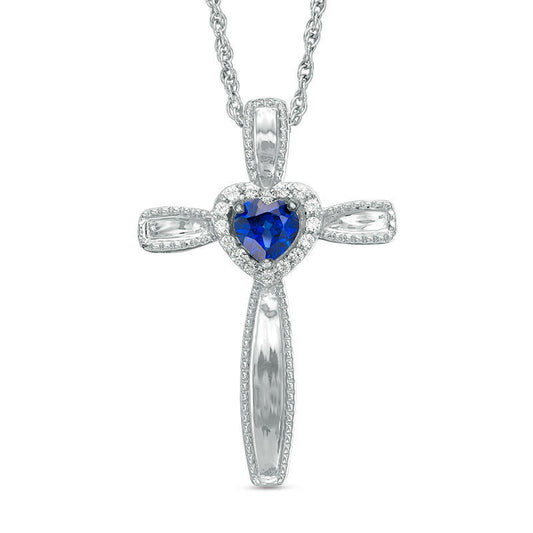 4.0mm Heart-Shaped Lab-Created Blue Sapphire and Diamond Accent Antique Vintage-Style Cross Pendant in Sterling Silver