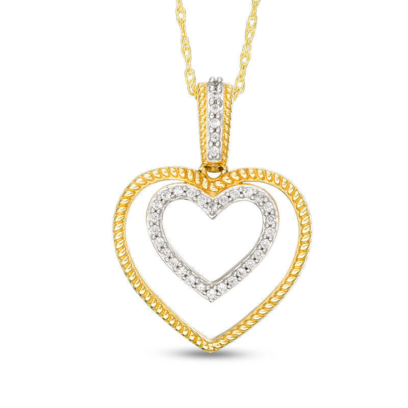 0.1 CT. T.W. Natural Diamond and Rope-Textured Double Heart Pendant in 10K Yellow Gold