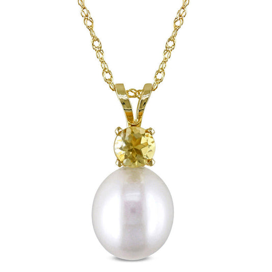 8.0 - 8.5mm Baroque Cultured Freshwater Pearl and Citrine Pendant in 14K Gold - 17"