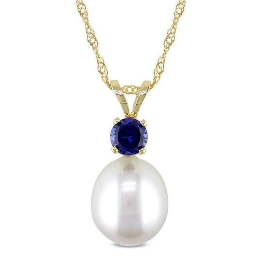 8.0 - 8.5mm Baroque Cultured Freshwater Pearl and Blue Sapphire Pendant in 14K Gold - 17"