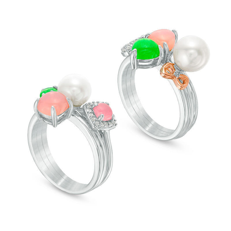 7.0 - 7.5mm Cultured Freshwater Pearl and Multi-Gemstone with Natural Diamond Accent Six Piece Ring Set in Sterling Silver