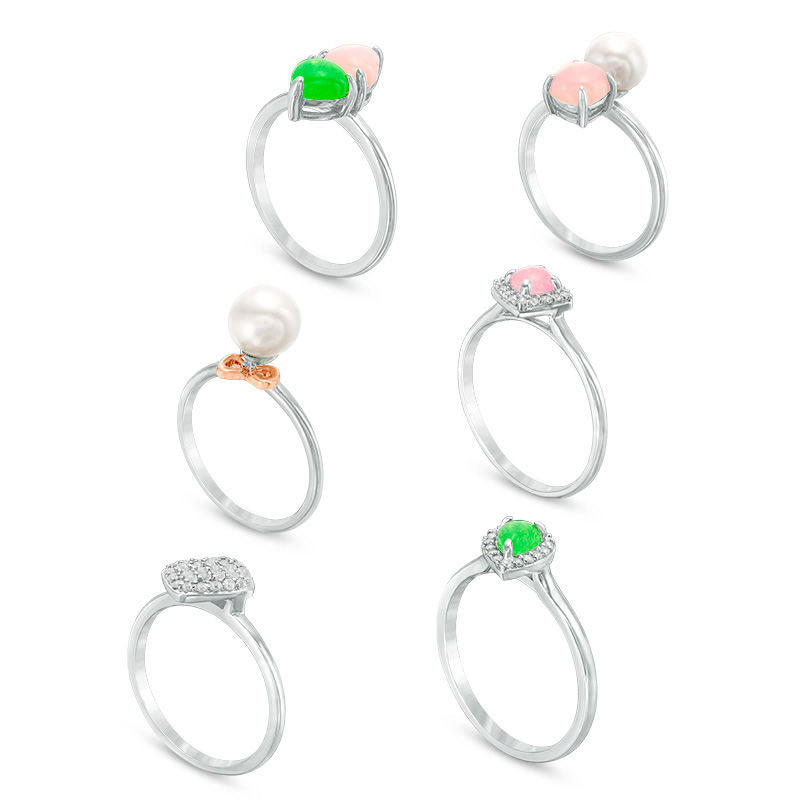 7.0 - 7.5mm Cultured Freshwater Pearl and Multi-Gemstone with Natural Diamond Accent Six Piece Ring Set in Sterling Silver