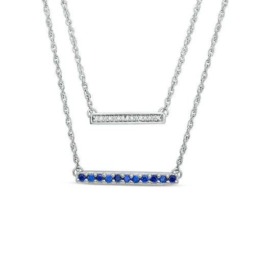 Lab-Created Blue Sapphire and Diamond Accent Double Strand Bar Necklace in Sterling Silver