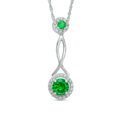 6.0mm Lab-Created Emerald and 0.1 CT. T.W. Diamond Frame Pendulum Pendant in Sterling Silver