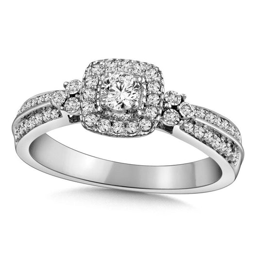 0.38 CT. T.W. Natural Diamond Cushion Frame Tri-Sides Engagement Ring in Solid 10K White Gold