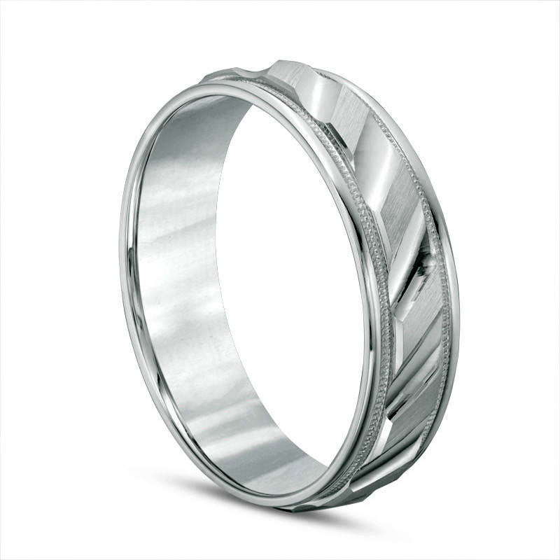 Mens 6.0mm Brushed Milgrain Slant Comfort Fit Wedding Band in Solid 14K White Gold
