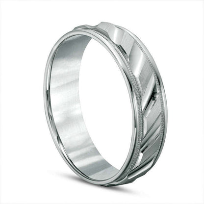 Mens 6.0mm Brushed Milgrain Slant Comfort Fit Wedding Band in Solid 14K White Gold
