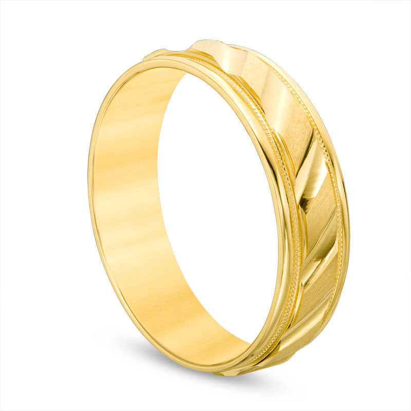 Mens 6.0mm Brushed Milgrain Slant Comfort Fit Wedding Band in Solid 14K Gold