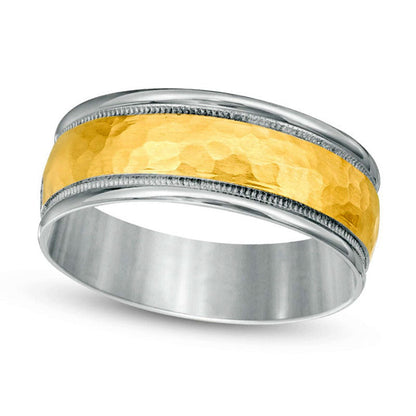 Mens 8.0mm Hammered Milgrain Comfort Fit Wedding Band in Solid 14K Two-Tone Gold
