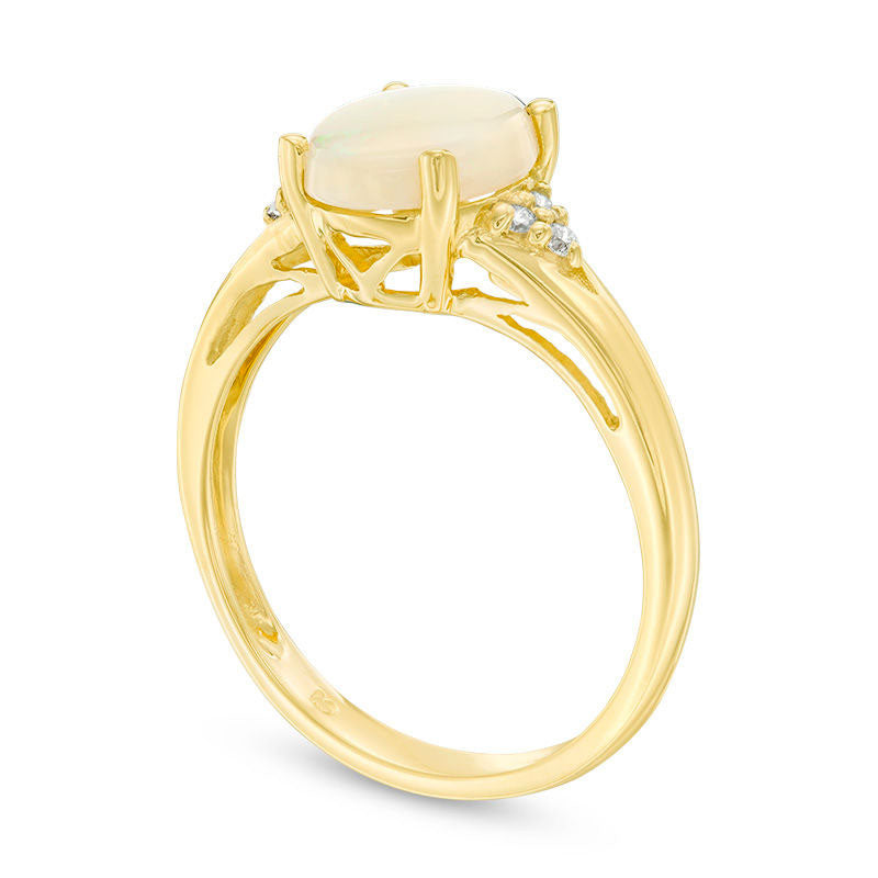 Oval Opal and Natural Diamond Accent Tri-Sides Ring in Solid 14K Gold