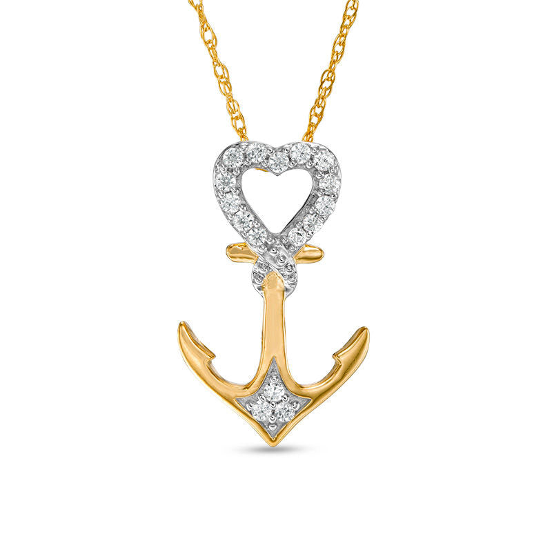 0.1 CT. T.W. Natural Diamond Heart-Top Anchor Pendant in 10K Yellow Gold