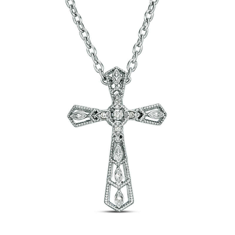 Natural Diamond Accent Antique Vintage-Style Chevron Cross Pendant in Sterling Silver