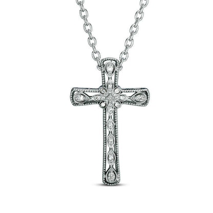 Natural Diamond Accent Antique Vintage-Style Cross Pendant in Sterling Silver