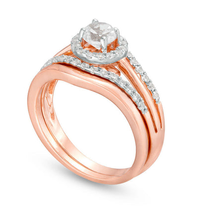 4.8mm Lab-Created White Sapphire Frame Split Shank Bridal Engagement Ring Set in Solid 10K Rose Gold