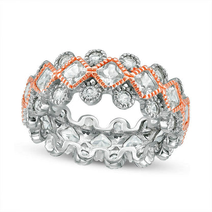 Princess-Cut Lab-Created White Sapphire Geometric Eternity Band in Sterling Silver and Solid 14K Rose Gold Plate