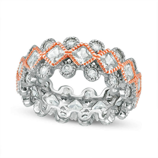 Princess-Cut Lab-Created White Sapphire Geometric Eternity Band in Sterling Silver and Solid 14K Rose Gold Plate