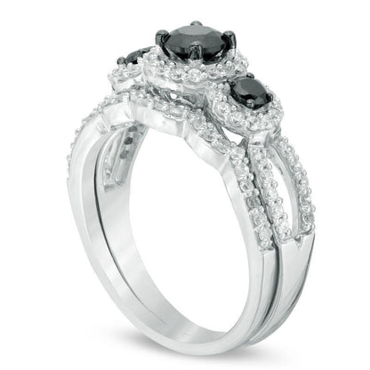 1.0 CT. T.W. Enhanced Black and White Natural Diamond Three Stone Frame Bridal Engagement Ring Set in Solid 10K White Gold