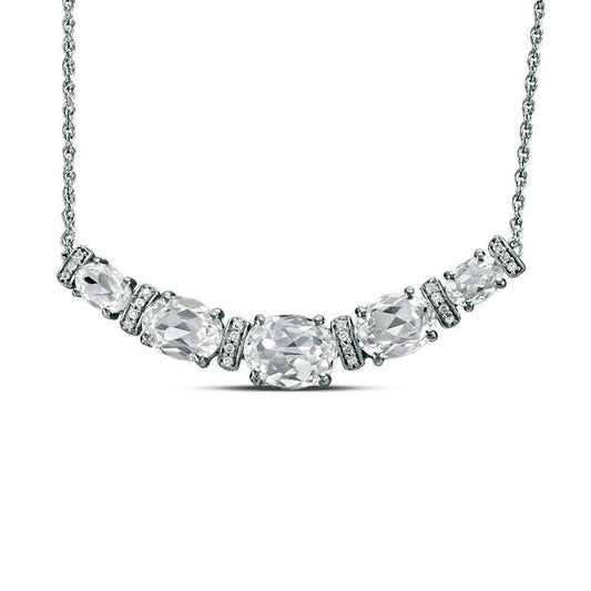 Oval Lab-Created White Sapphire and 0.1 CT. T.W. Diamond Graduated Five Stone Necklace in Sterling Silver