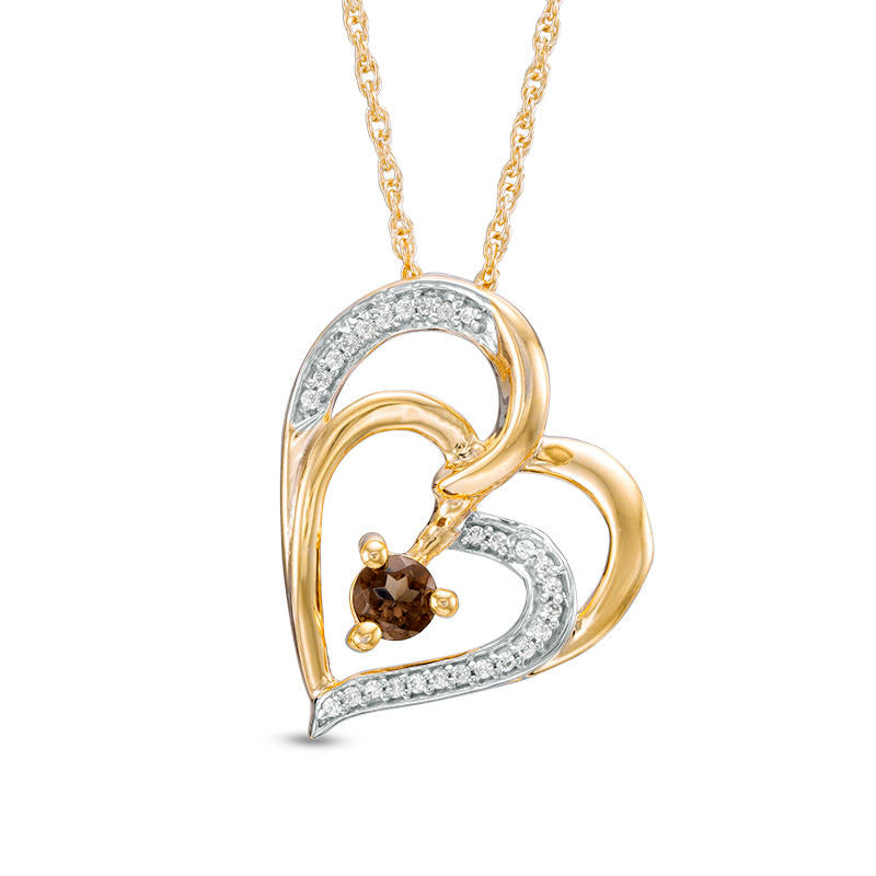 Smoky Quartz and Natural Diamond Accent Tilted Double Heart Pendant in 10K Yellow Gold