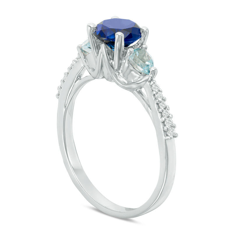 6.2mm Lab-Created Blue Sapphire Aquamarine and Diamond Accent Three Stone Ring in Solid 10K White Gold