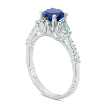 6.2mm Lab-Created Blue Sapphire Aquamarine and Diamond Accent Three Stone Ring in Solid 10K White Gold