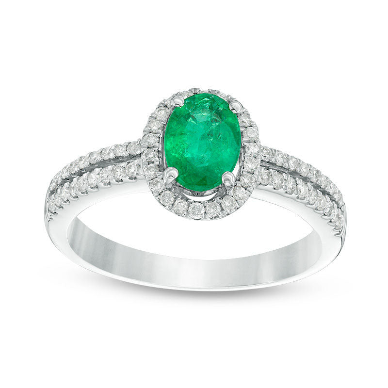 Oval Emerald and 0.25 CT. T.W. Natural Diamond Frame Double Row Split Shank Engagement Ring in Solid 18K White Gold - Size 7