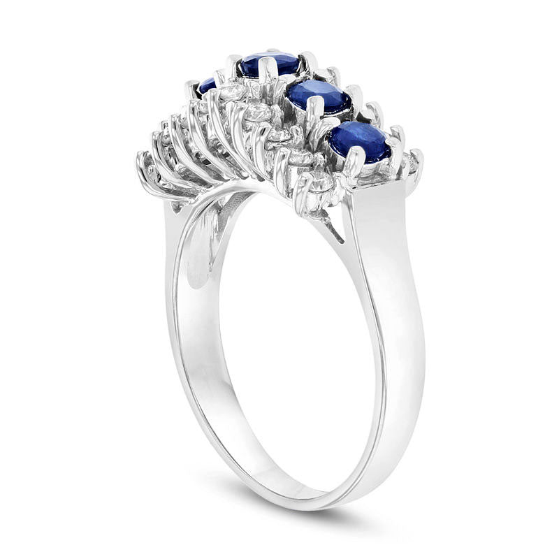 Blue Sapphire and 0.50 CT. T.W. Natural Diamond Edge Five Stone Band in Solid 14K White Gold