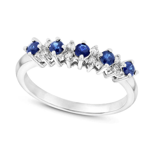Blue Sapphire and Natural Diamond Accent Alternating Five Stone Band in Solid 14K White Gold