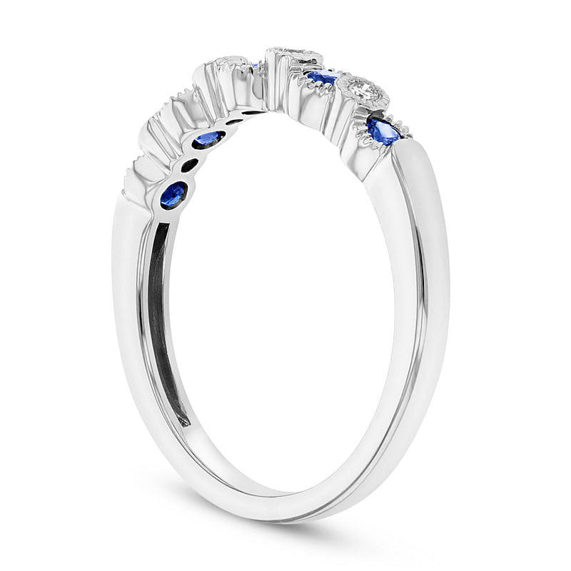 Blue Sapphire and Natural Diamond Accent Alternating Five Stone Band in Solid 14K White Gold