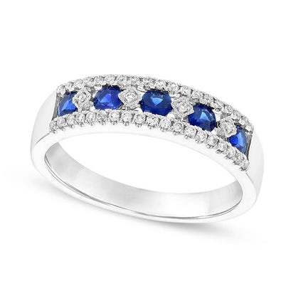 Blue Sapphire and 0.17 CT. T.W. Natural Diamond Five Stone Art Deco Band in Solid 14K White Gold