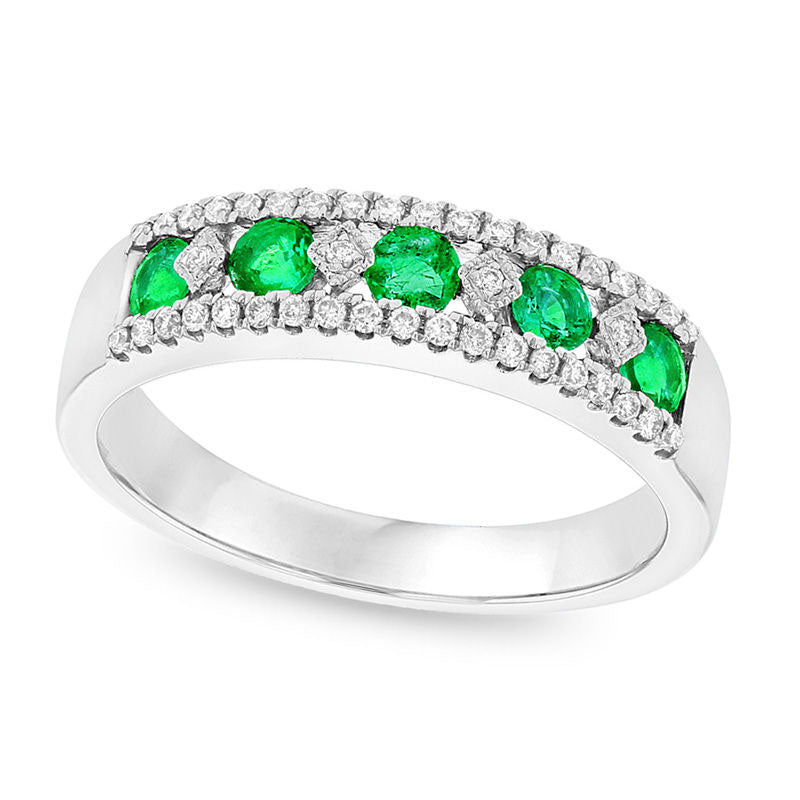 Emerald and 0.17 CT. T.W. Natural Diamond Five Stone Art Deco Band in Solid 14K White Gold