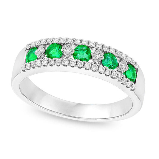 Emerald and 0.17 CT. T.W. Natural Diamond Five Stone Art Deco Band in Solid 14K White Gold