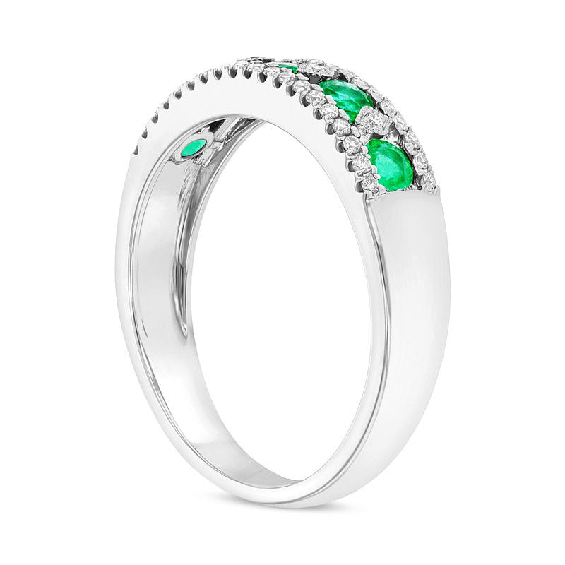 Emerald and 0.17 CT. T.W. Natural Diamond Five Stone Art Deco Band in Solid 14K White Gold