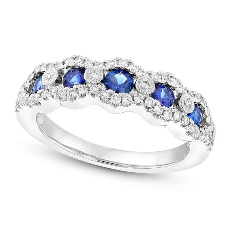 Blue Sapphire and 0.33 CT. T.W. Natural Diamond Edge Five Stone Wavy Band in Solid 14K White Gold