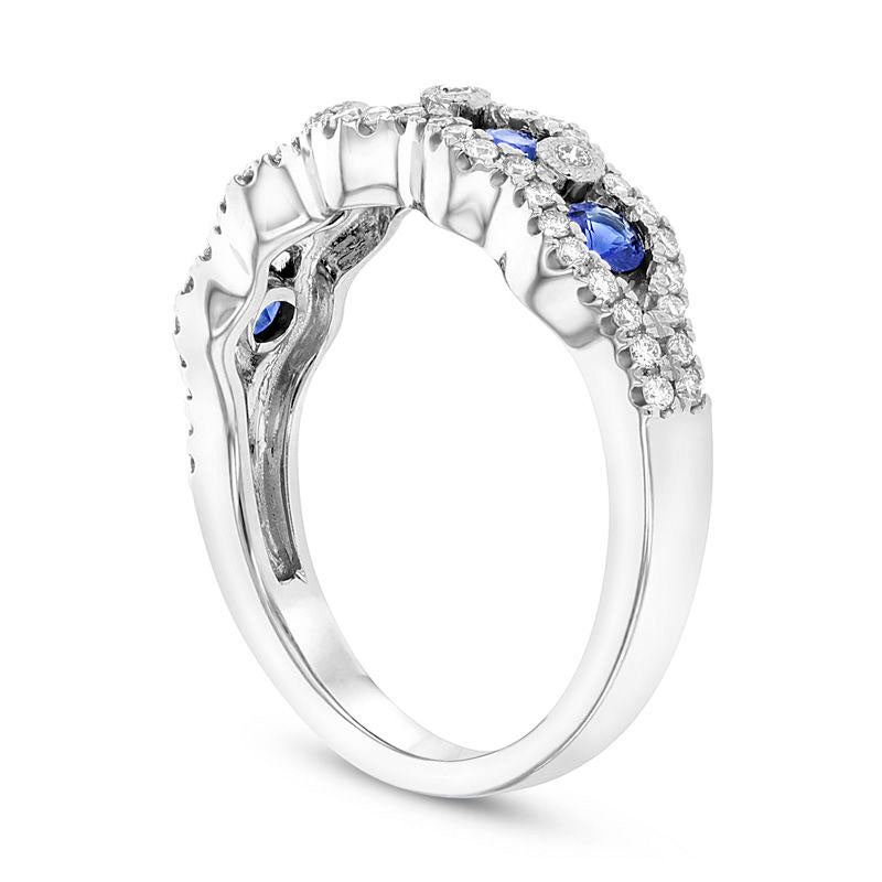 Blue Sapphire and 0.33 CT. T.W. Natural Diamond Edge Five Stone Wavy Band in Solid 14K White Gold