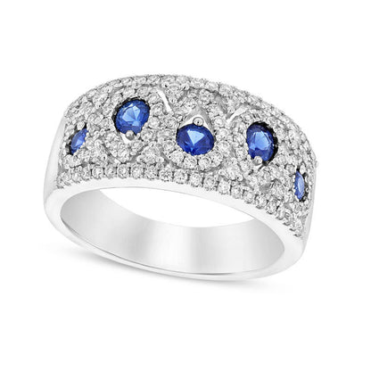 Blue Sapphire and 0.63 CT. T.W. Natural Diamond Alternating Pear-Shaped Band in Solid 14K White Gold
