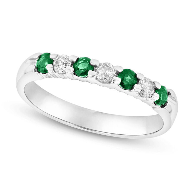 Emerald and 0.20 CT. T.W. Natural Diamond Seven Stone Band in Solid 14K White Gold