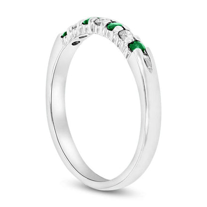 Emerald and 0.10 CT. T.W. Natural Diamond Seven Stone Band in Solid 14K White Gold