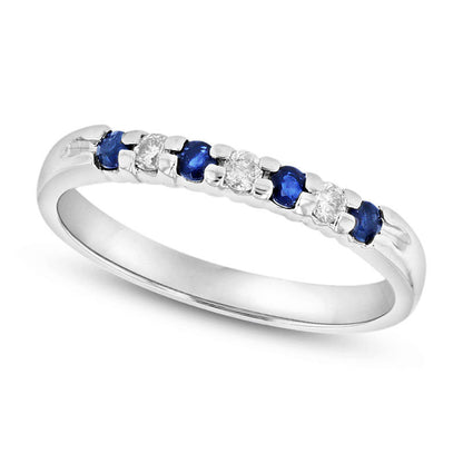 Blue Sapphire and 0.10 CT. T.W. Natural Diamond Seven Stone Band in Solid 14K White Gold