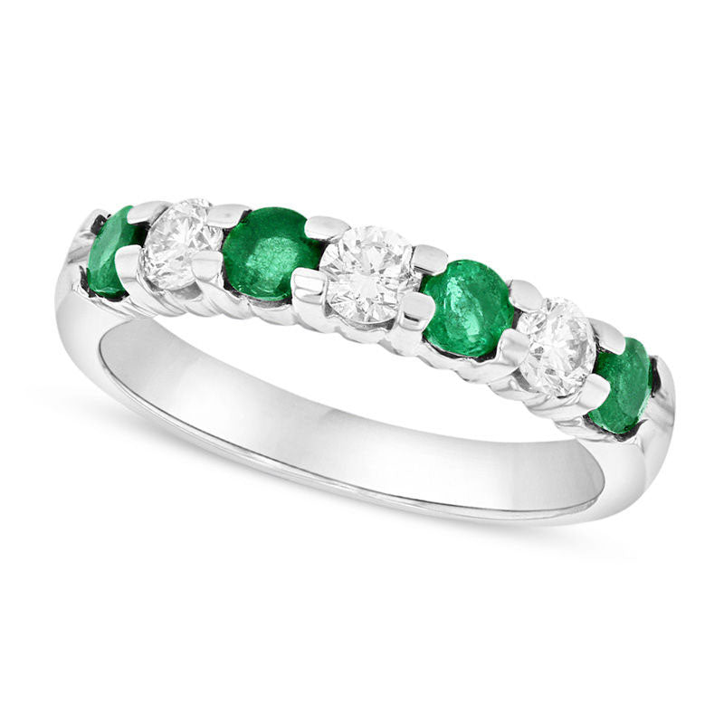 Emerald and 0.38 CT. T.W. Natural Diamond Seven Stone Band in Solid 14K White Gold