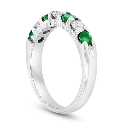 Emerald and 0.38 CT. T.W. Natural Diamond Seven Stone Band in Solid 14K White Gold