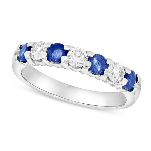 Blue Sapphire and 0.38 CT. T.W. Natural Diamond Seven Stone Band in Solid 14K White Gold