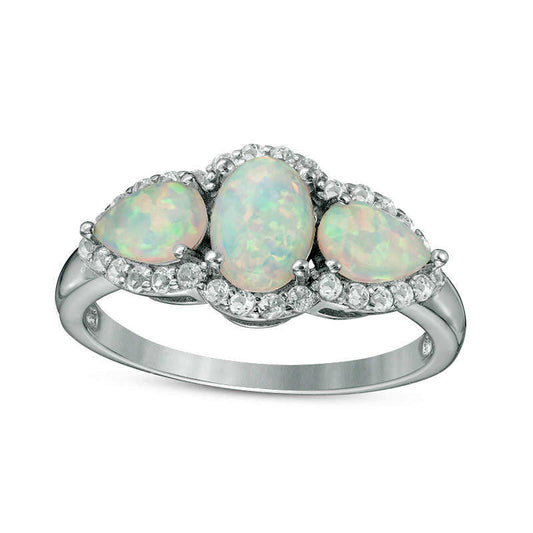 Oval and Pear-Shaped Lab-Created Opal with White Topaz Frame Three Stone Ring in Sterling Silver