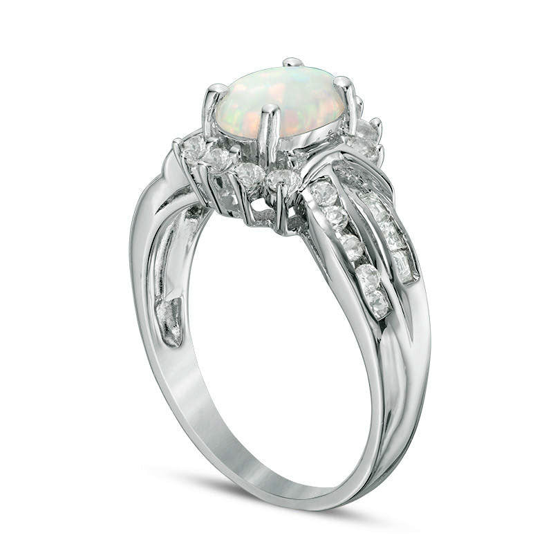 Oval Lab-Created Opal with White Topaz Frame Double Row Ring in Sterling Silver
